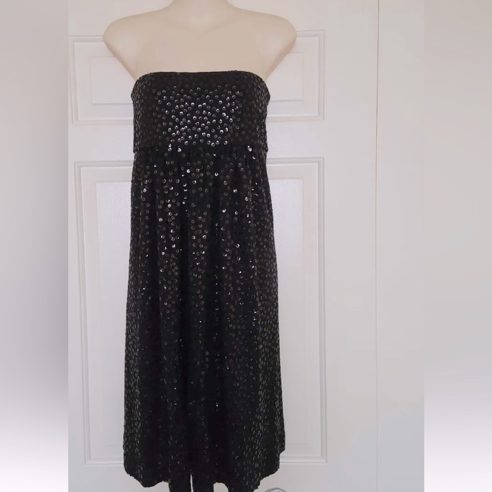 MARC BOUWER BLACK SEQUINED STRAPLESS LINED DRESS SIZE 4